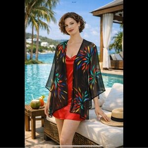 All Hours Sheer Chiffon Kimono Cover-Up | Abstract Leaf Print | Size L